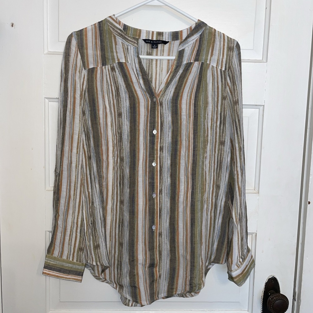 Zac & Rachel Size Small, Earth‎ Tones Vertical Stripes Mock Collar Pearl Buttons